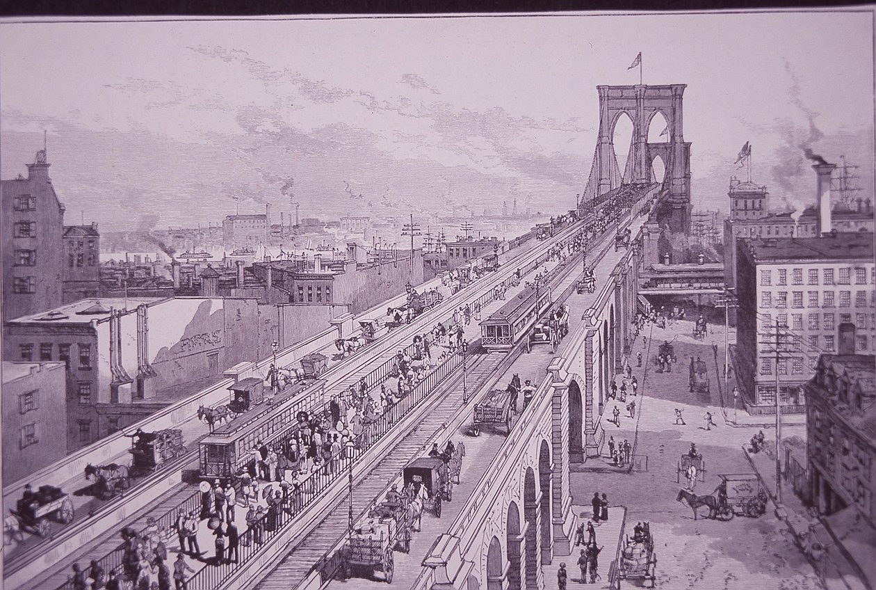 Brooklyn Bridge strax efter öppningsceremonin, publicerad 26 maj 1883 (gravyr) av American School