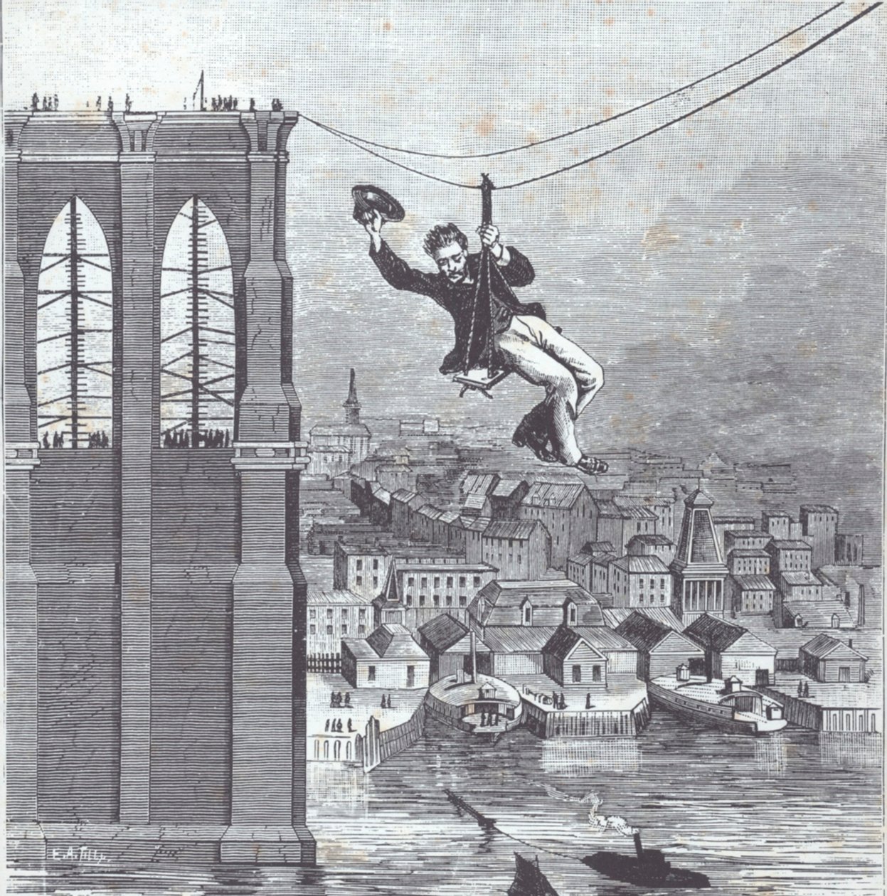 Brooklyn Bridge under konstruktion; Herr Farrington, byggnadsövervakare, är den första som korsar spännvidden mellan de två pylonerna den 25 augusti 1876 (gravyr) av American School