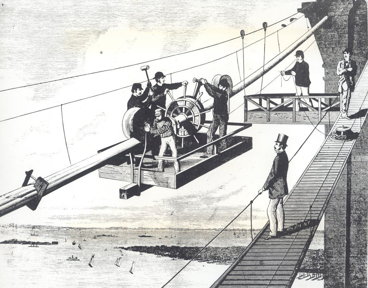 Brooklyn Bridge under konstruktion 1876, flätning av upphängningskablarna (gravyr) av American School