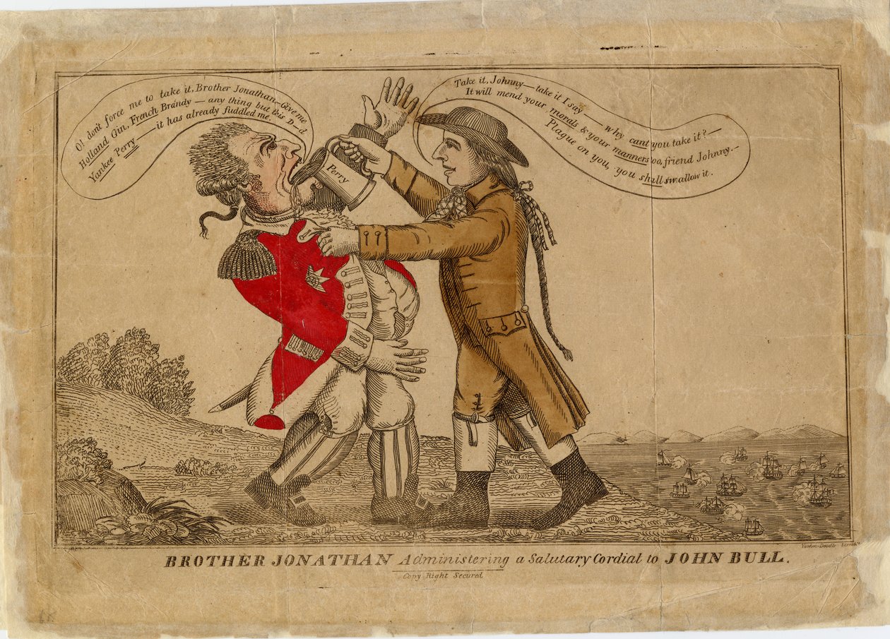 Broder Jonathan ger en välsignelse till John Bull, 1813 (handfärgad gravyr) av American School