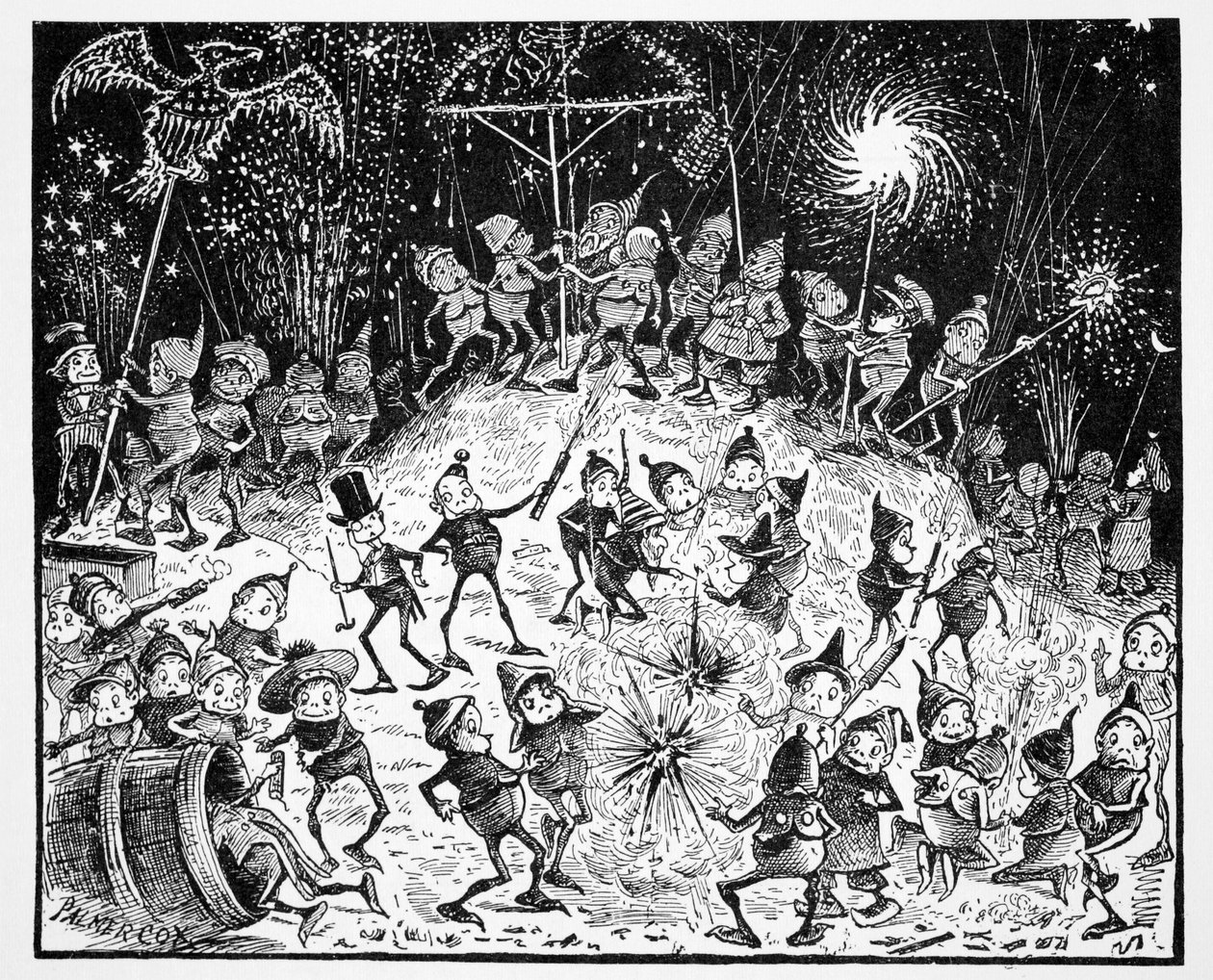 Brownies, från The World Guide to Gnomes, Fairies, Alves and Other Little People av Thomas Keightley (1789-1872) Publicerad 1880, (BW Engraving) av American School