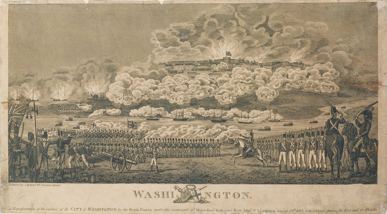 Burning of Washington av britterna, 24 augusti 1814, publicerad av I. Ryland av American School