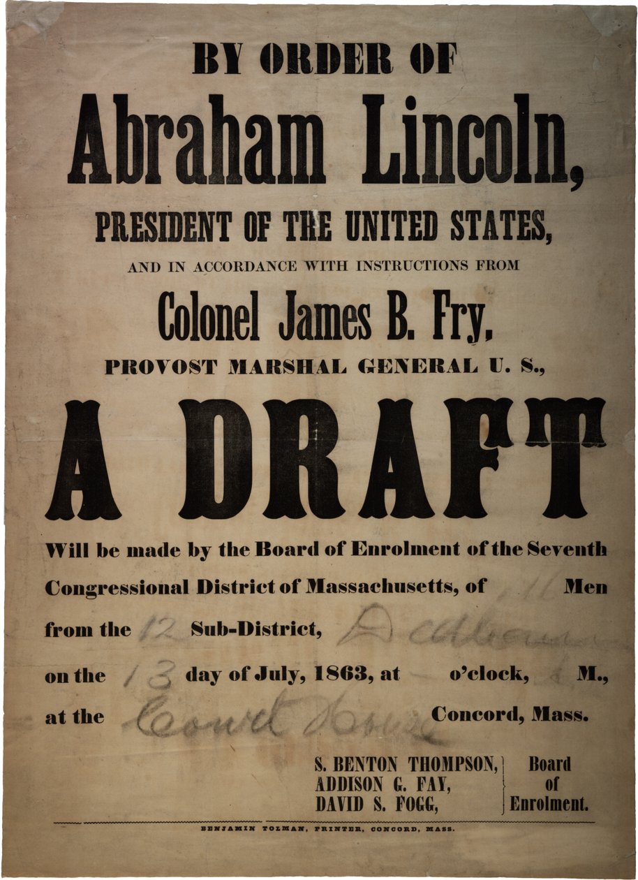 På order av Abraham Lincoln... Ett utkast (utkast för 110 män, Dedham, Mass.), 13 juli 1863 av American School