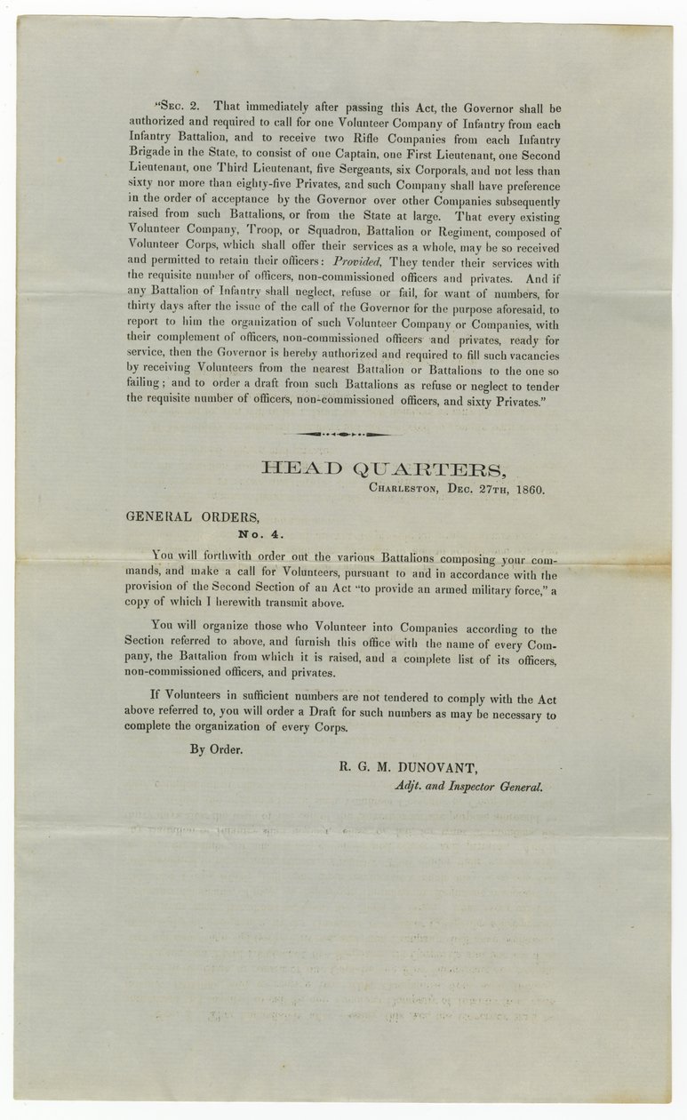 Uppmaning till frivilliga under General Order No.4, 27 december 1860 av American School