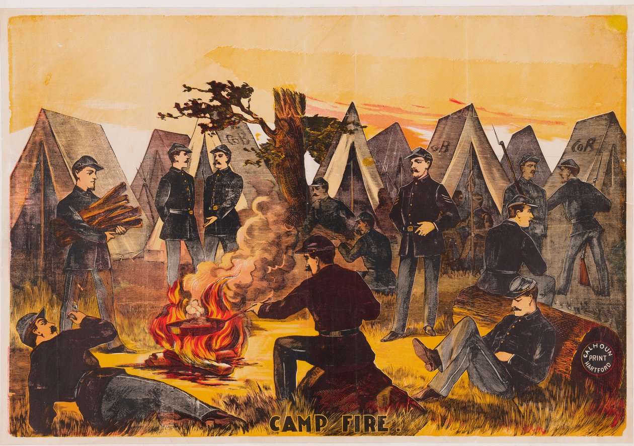 Camp Fire, pub. c1865 färglitografi av American School