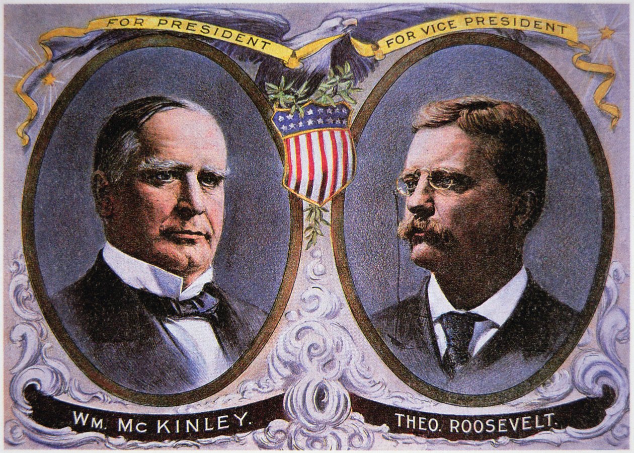 Kampanjaffisch för William Mckinley (1843-1901) som president och Theodore Roosevelt (1858-1919) som vicepresident av American School