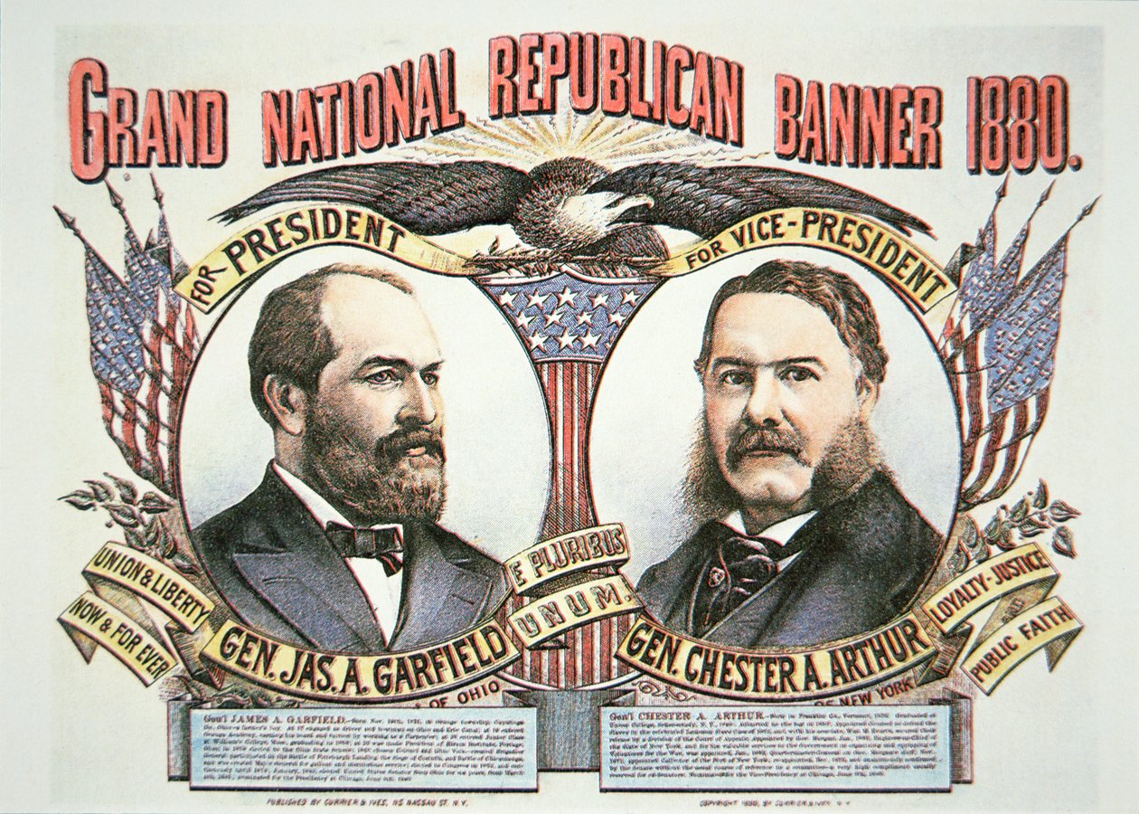 Kampanjaffisch för presidentkandidaten James A. Garfield (1831-81) och vicepresidentkandidat, Chester A. Arthur (1829-86) 1880 (lito i färg) av American School