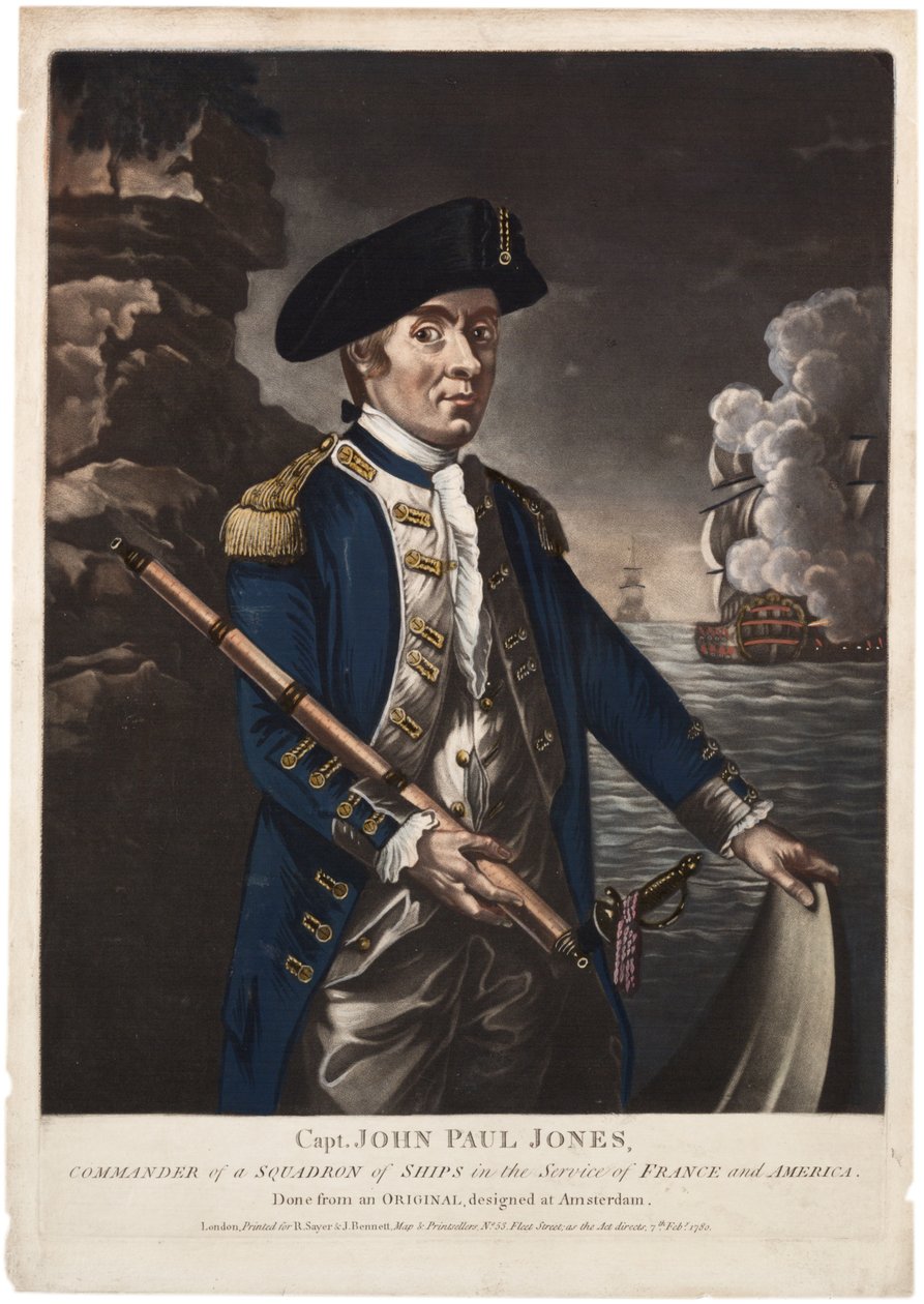 Kapten John Paul Jones, befälhavare för en skvadron av fartyg i tjänst för Frankrike och Amerika, 1780 (handfärgad mezzotint) av American School