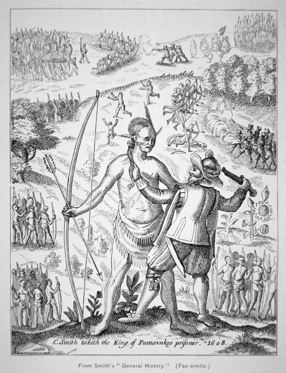 Kapten John Smith (1580-1631) fångade en indianhövding 1608, från Smiths "Generall Historie of Virginia, New England & the Summer Isles" av American School