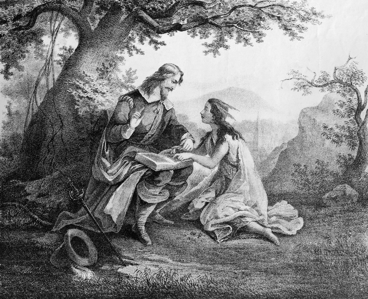 Kapten John Smith (1580-1631) lär Pocohontas (ca 1595-1617) att läsa av American School