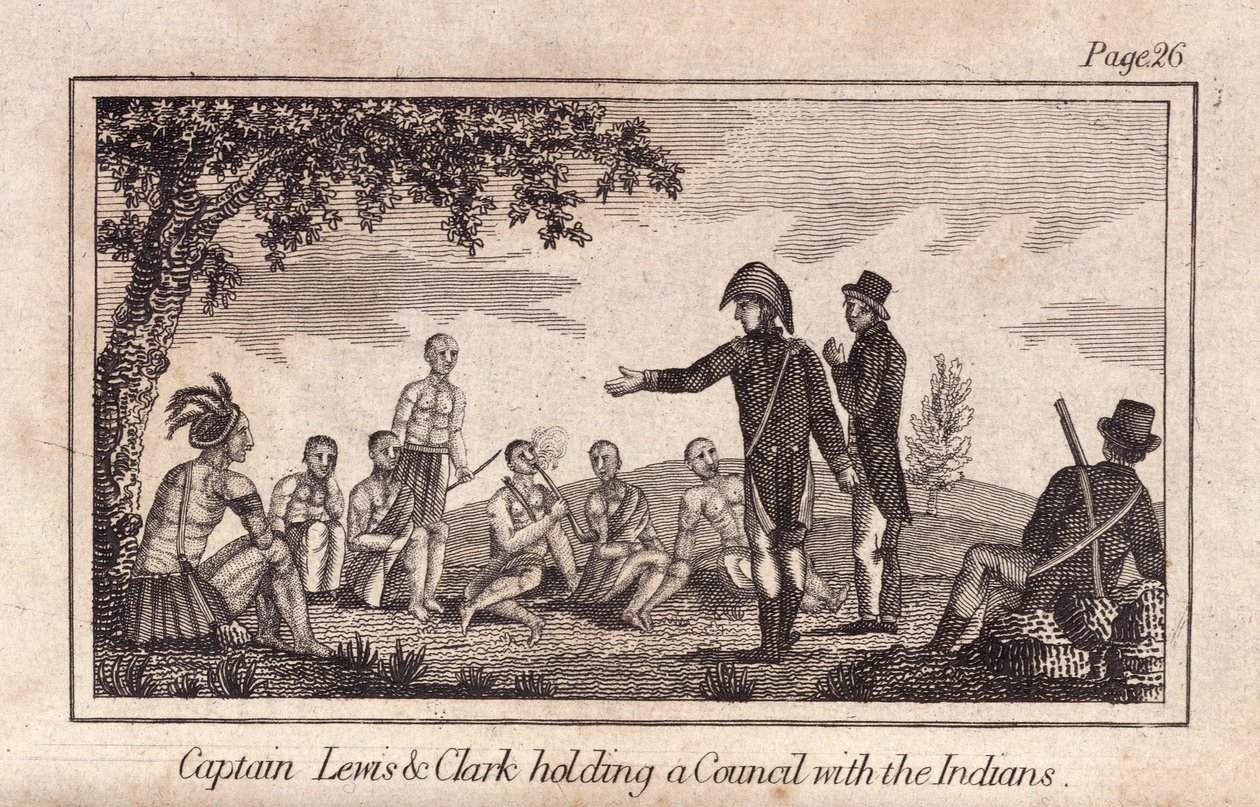 Kapten Lewis & Clarke håller ett råd med indianerna, pub. 1812 (gravyr) av American School
