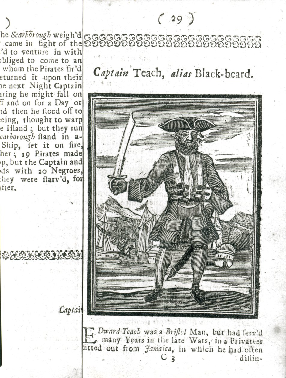 Captain Teach, Alias Black Beard, från History and Lives of All the Most Notorious Pirates and their Crews, London, 1725 av American School