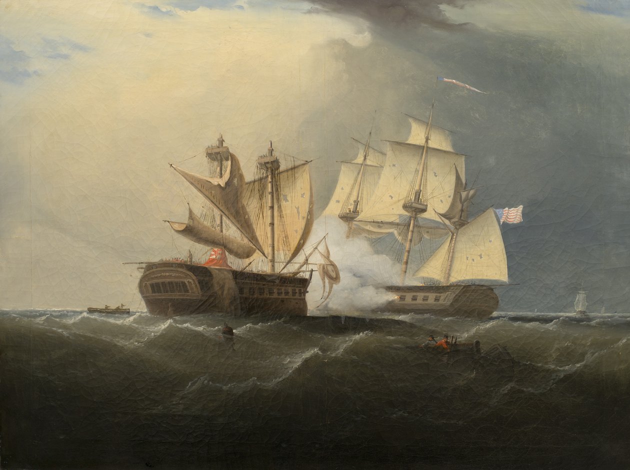 Fångst av H.M.S. Makedonska av U.S. Fregate United States, efter Thomas Birch, 1813 av American School