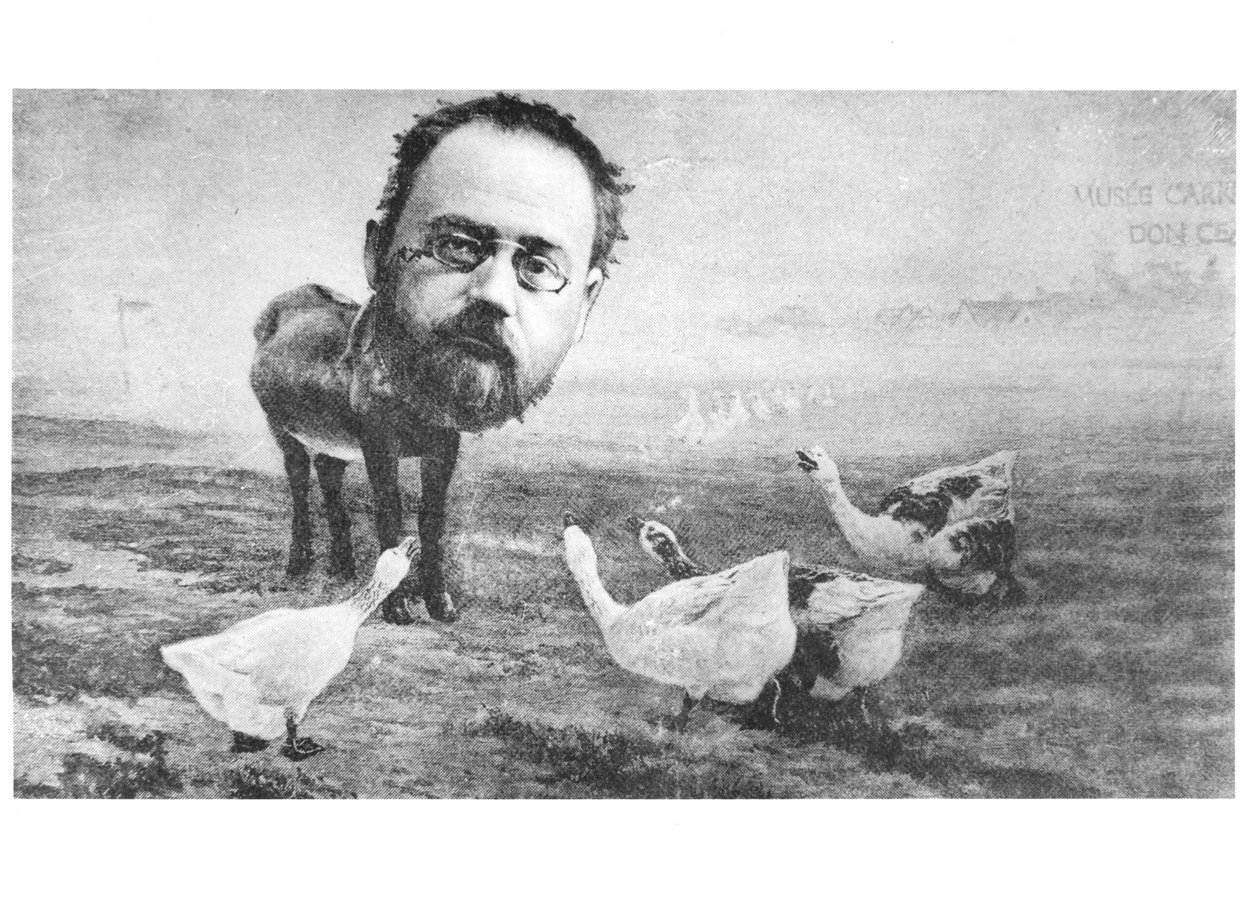 Karikatyr av Emile Zola (1840-1902), åsnan och gässen; från Life, 4 april 1889 av American School