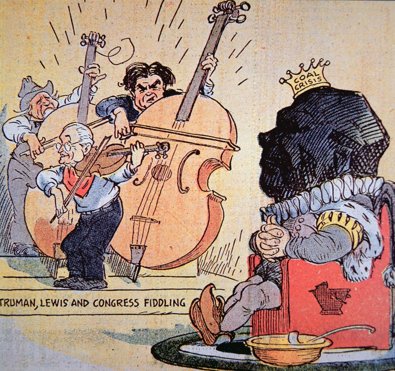 Karikatyr av Harry S. Truman (1884-1972) med John Llewellyn Lewis (1880-1969) och kongressens fifflande av American School