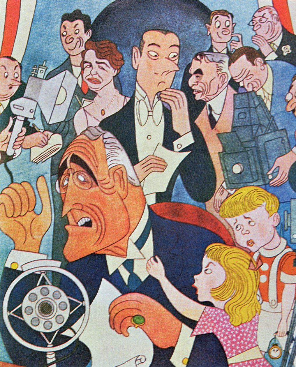 Tecknad kommentar om president Roosevelts radiosändningar "Fireside Chats" till nationen (färg litho) av American School