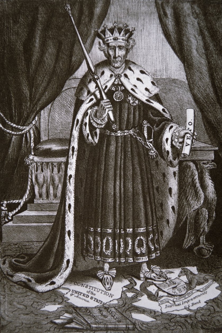 Tecknad film som föreställer general Andrew Jackson som "King Andrew the First" av American School