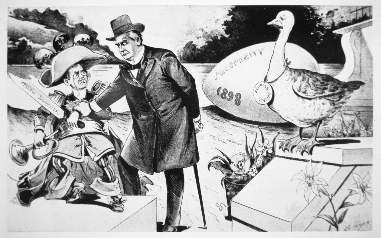 Tecknad serie som visar president Mckinley som försöker tysta den "gula pressen" för att piska upp den offentliga krigsfebern mot Spanien av American School