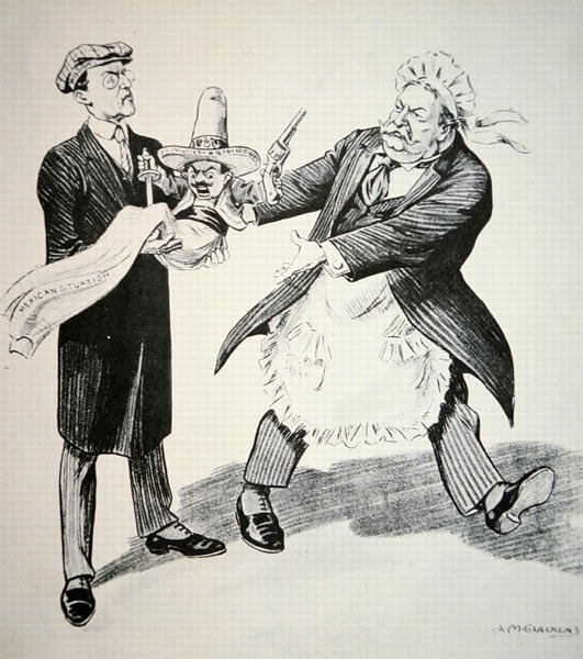 Tecknad serie som föreställer president William H. Taft (1857-1930) som överlämnar den problematiska "Mexikanska situationen" till sin efterträdare president Woodrow Wilson (1856-1924) 1913 (litho) av American School