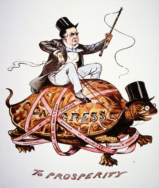Tecknad serie som visar president William Mckinley (1843-1901) som försöker driva sin politik genom kongressen (färg litho) av American School