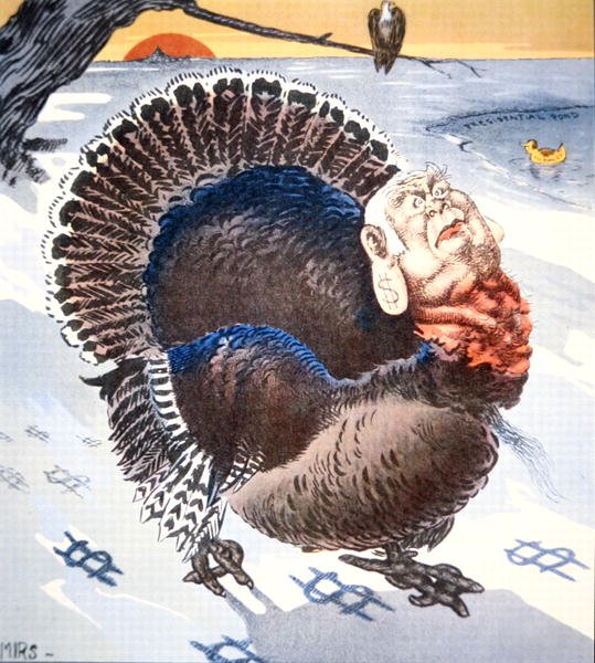 Tecknad serie som visar den republikanske politikern Mark Hanna (1837-1904) som "The Modern Bird of American Freedom", i "The Verdict" av American School