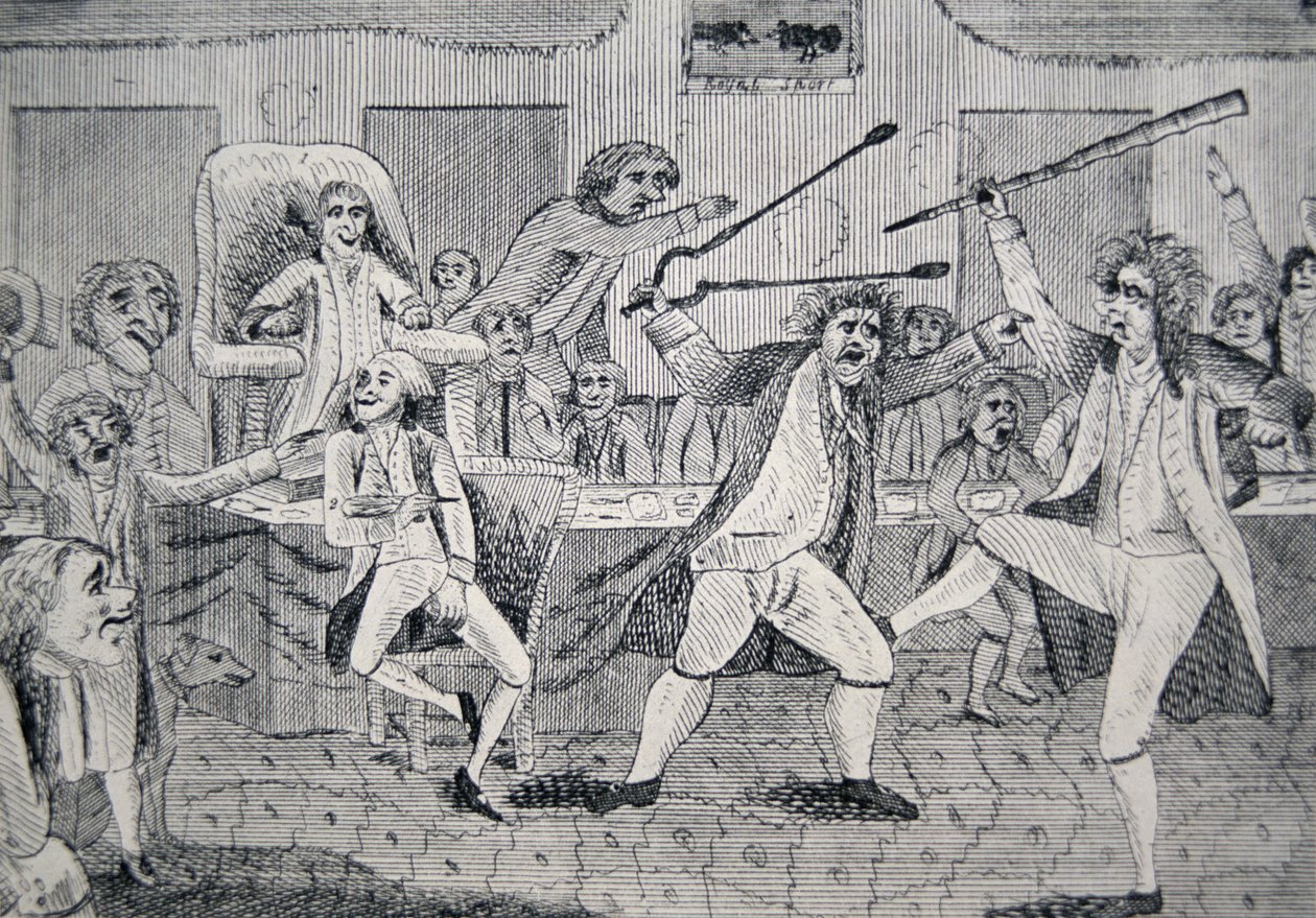 Tecknad serie som visar "kampen på kongressens golv mellan republikanen Matthew Lyon och federalisten Roger Griswold" av American School