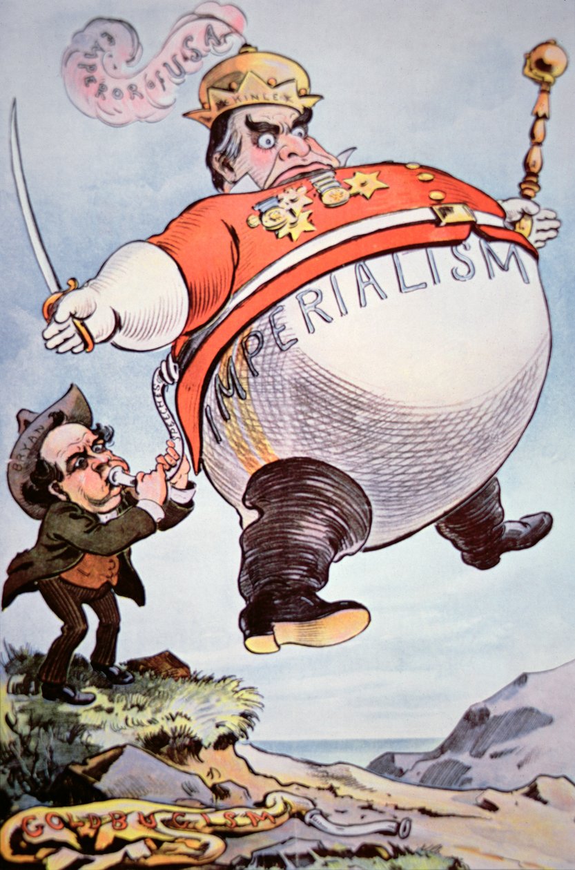Tecknad film föreställer William Jennings Bryan (1860-1925) som spränger den "imperialistiska vindsäcken" William Mckinley (1843-1901) från "Puck" av American School