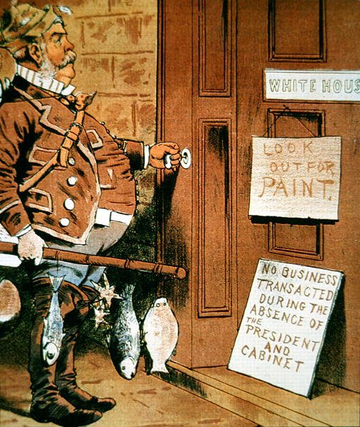 Tecknad serie av president Chester A. Arthur från tidningen "Judge", som kommenterar presidentens frekventa fiskeresor av American School