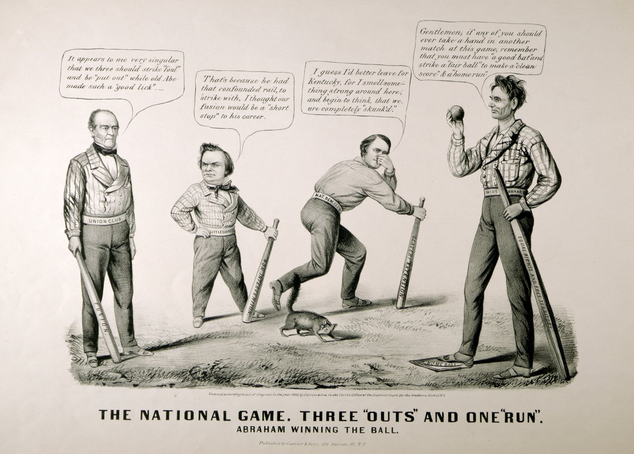 Tecknad serie som visar Abraham Lincoln (1809-65) vinna bollen mot sina motståndare Douglas, Bell och Breckenridge i presidentvalet 1860, 1860 av American School