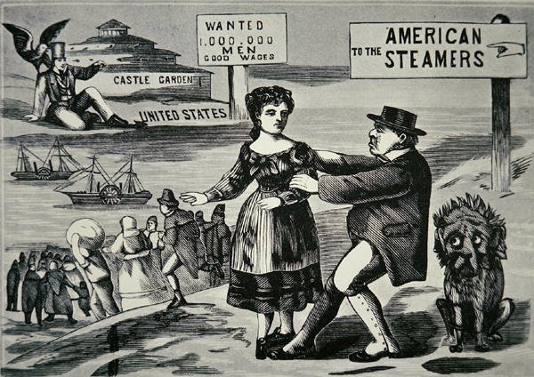 Tecknad serie som visar John Bull som försöker stoppa det ökande flödet av arbetare till USA, ca 1850 (gravyr) av American School
