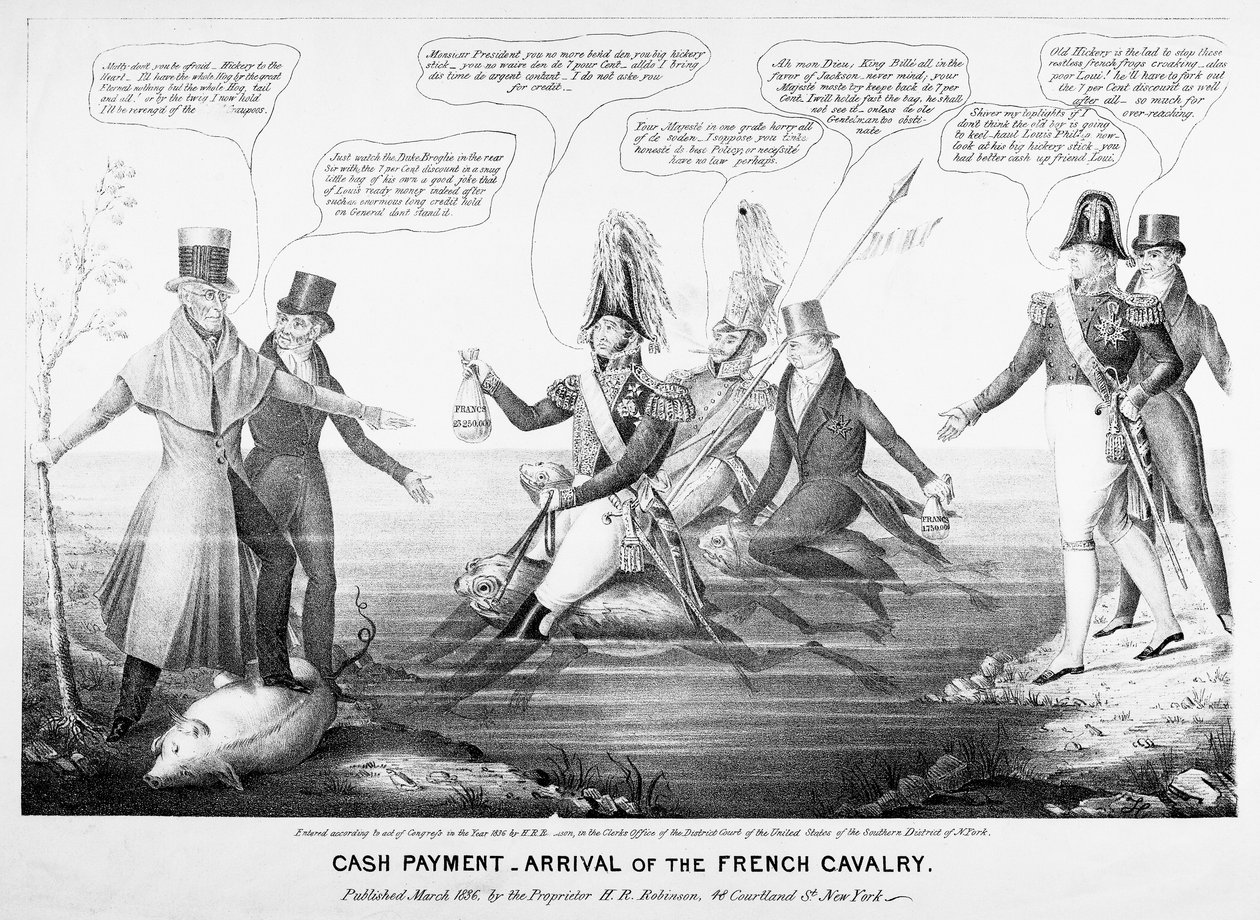 Kontantbetalning - Det franska kavalleriets ankomst, publicerad av H.R. Robinson, New York, 1836 (graverat) av American School