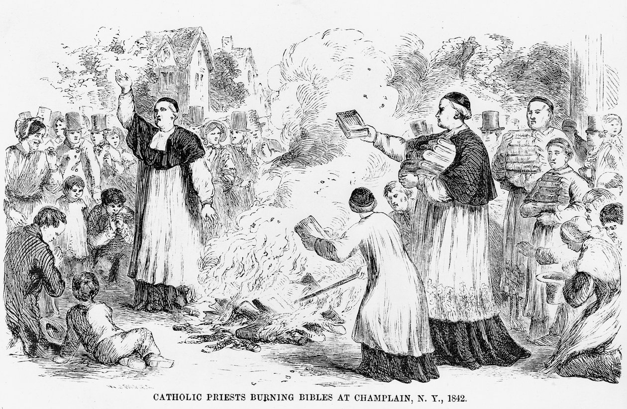 Katolska präster som bränner biblar i Champlain, New York, illustration från en anti-katolsk broschyr, 1842 av American School