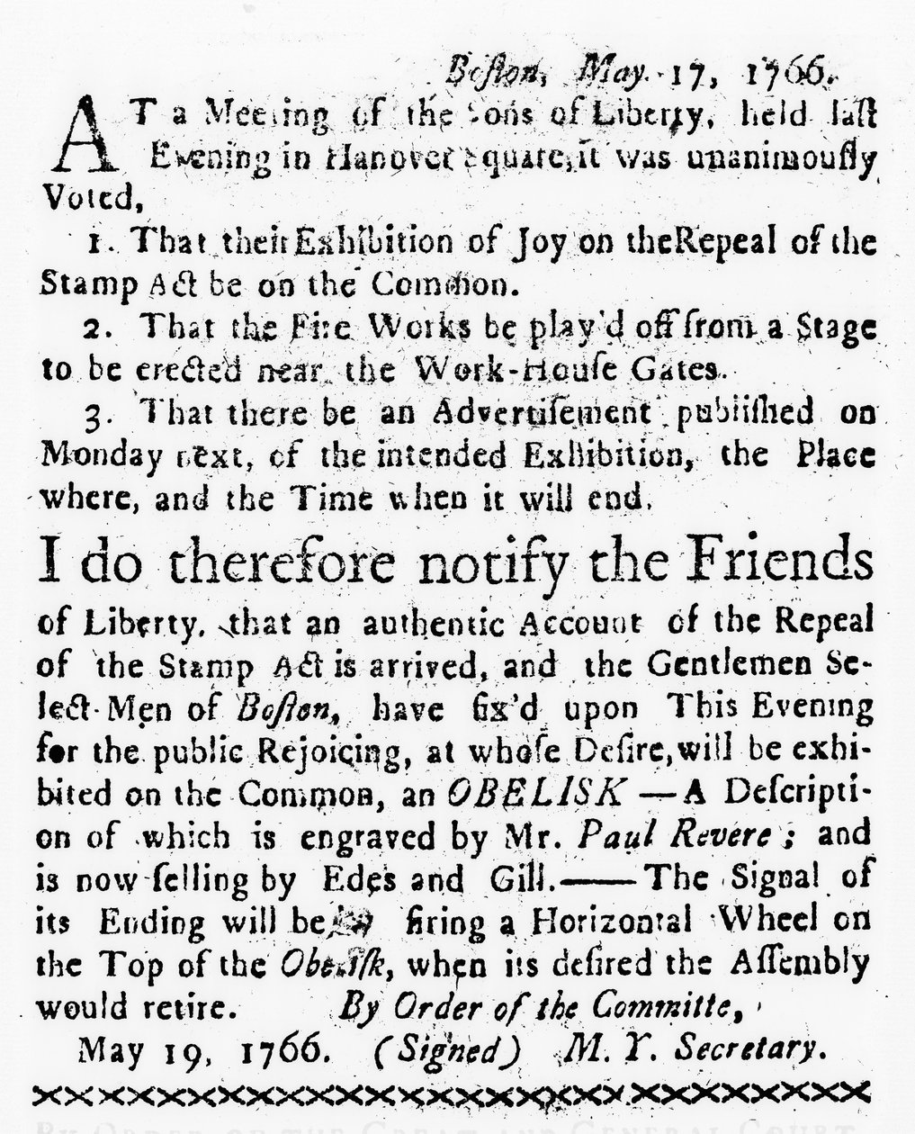 Firande av upphävandet av stämpellagen, från Boston Gazette, 19 maj 1766 (tidningspapper) av American School