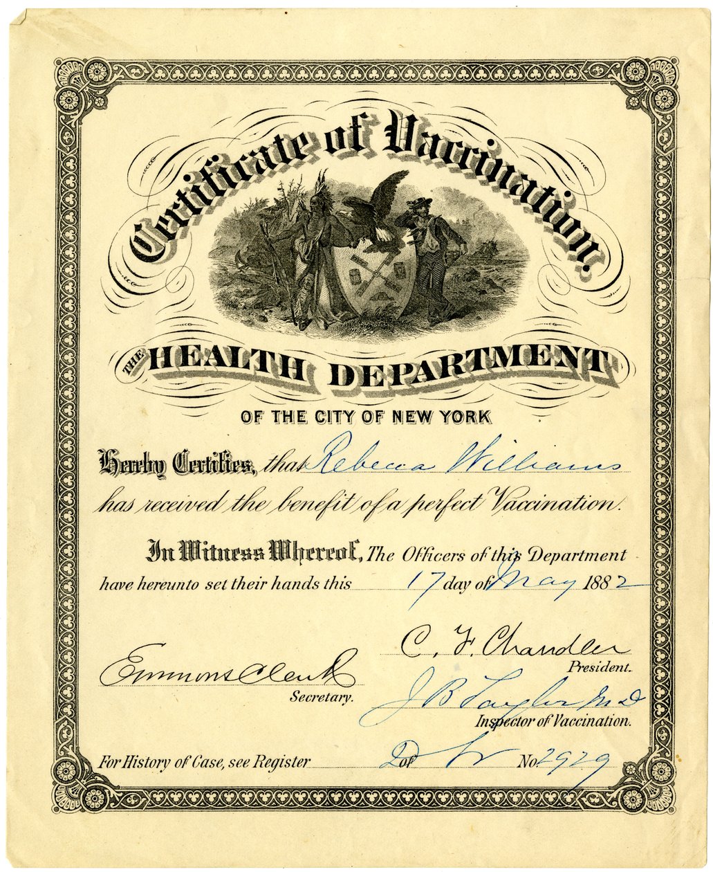 Vaccinationsintyg, hälsoavdelningen i staden New York..., 1882 (gravyr [certifikat] ifyllt med bläck) av American School