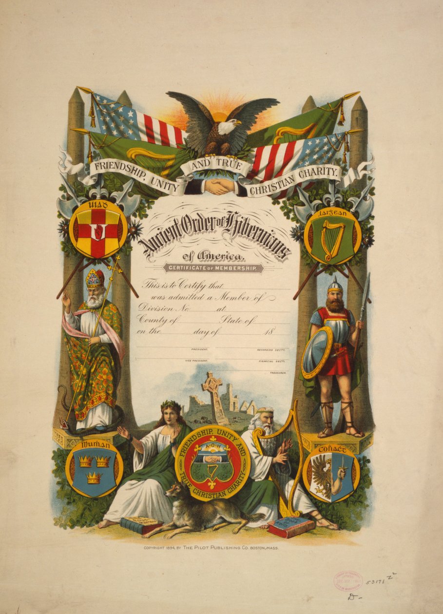 Intyg om medlemskap i Ancient Order of Hibernians of America, c.1894 (färglitografi) av American School