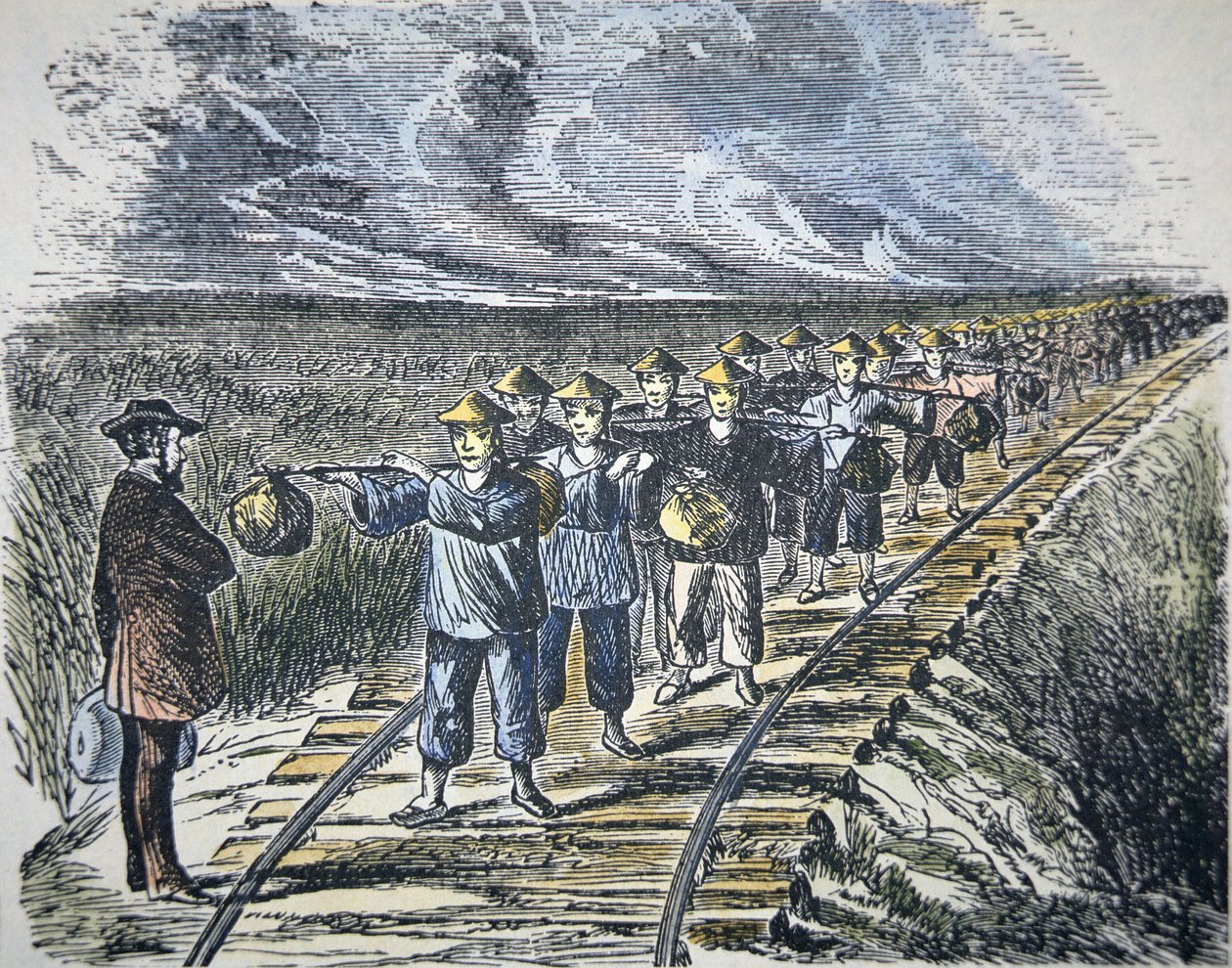 Charles Crocker (1822-88) och hans kinesiska arbetsstyrka som konstruerade Central Pacific Railroad, färdigställda 1869 (lito i färg) av American School