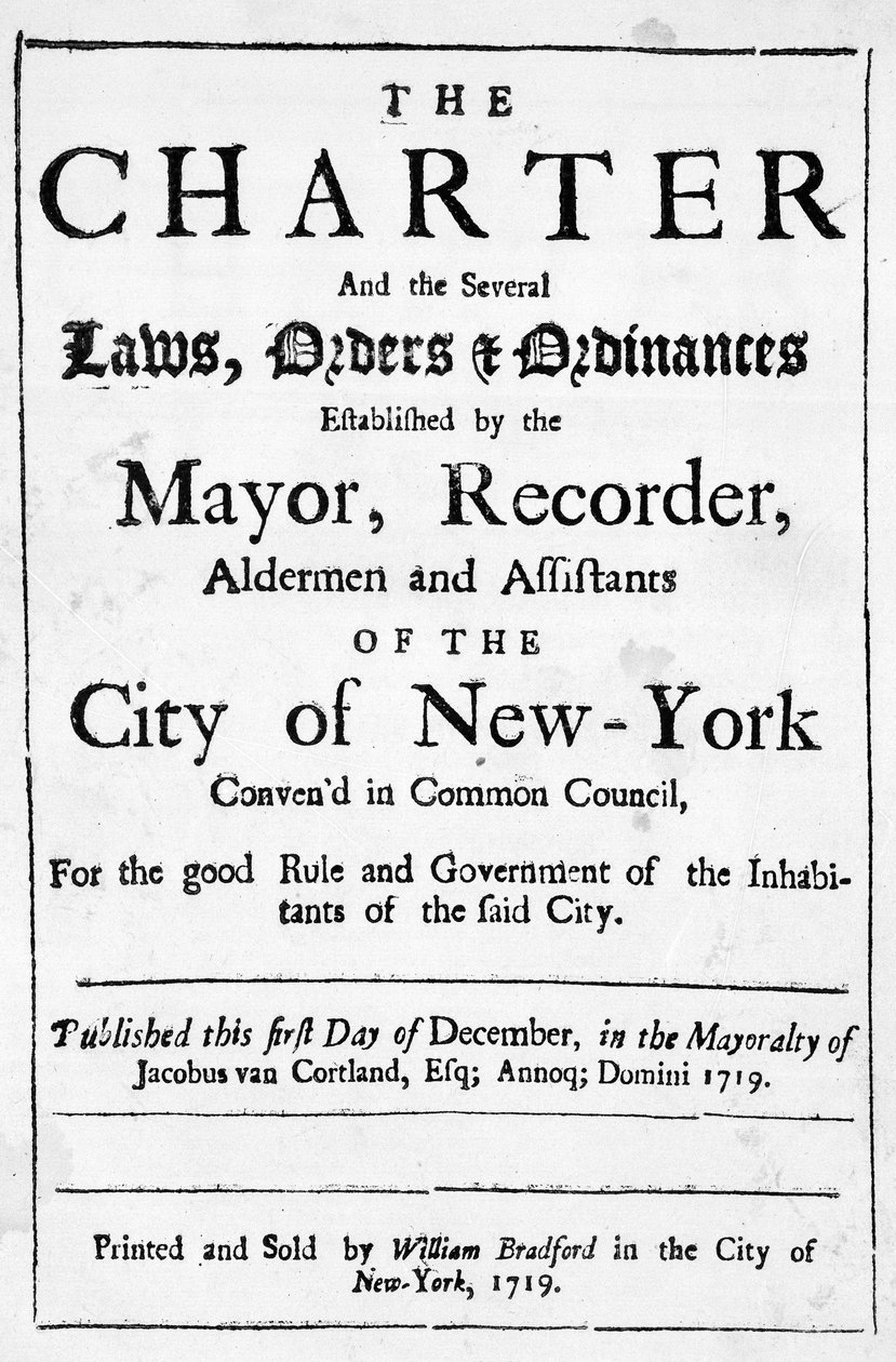 Stadsstadgan i New York, 1719 (tryck) av American School
