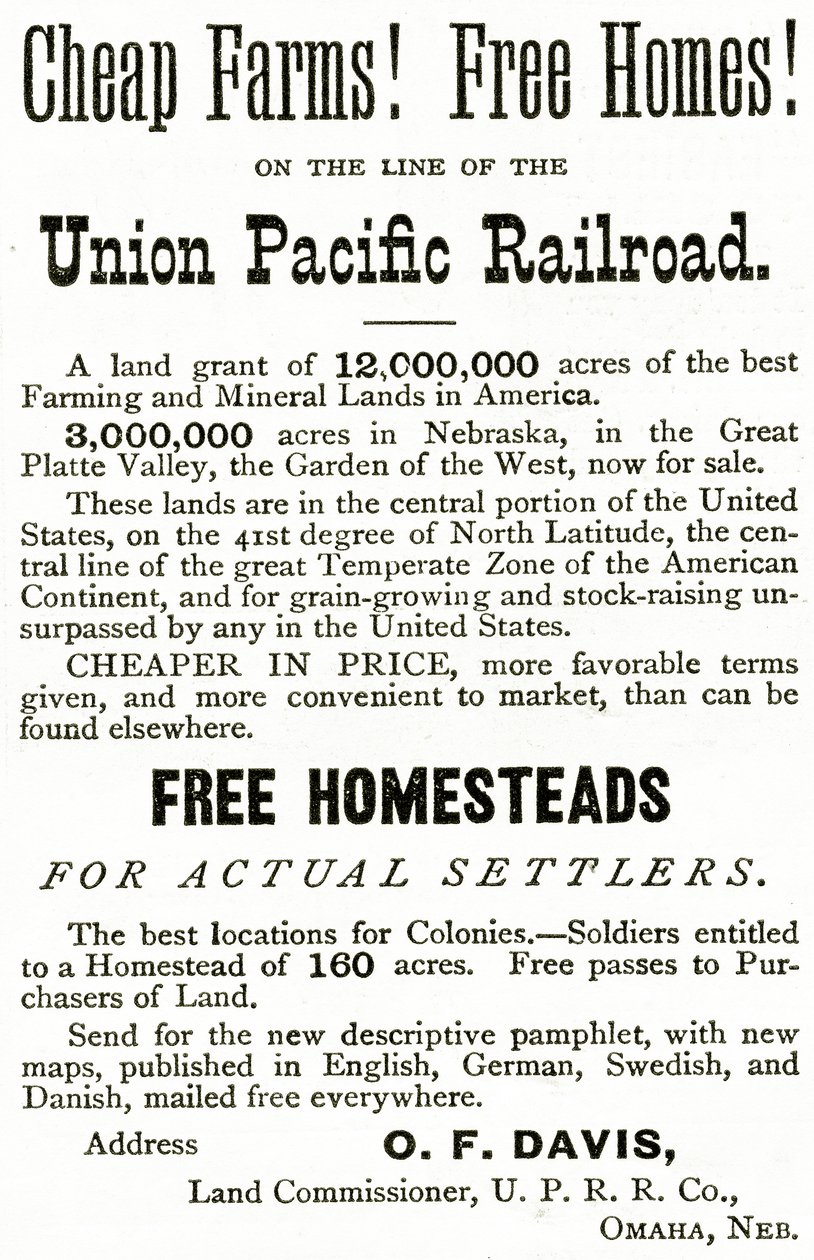 Cheap Farms and Free Homes on the Union Pacific Railroad line, annons från Appletons Journal, 4 maj 1872 av American School