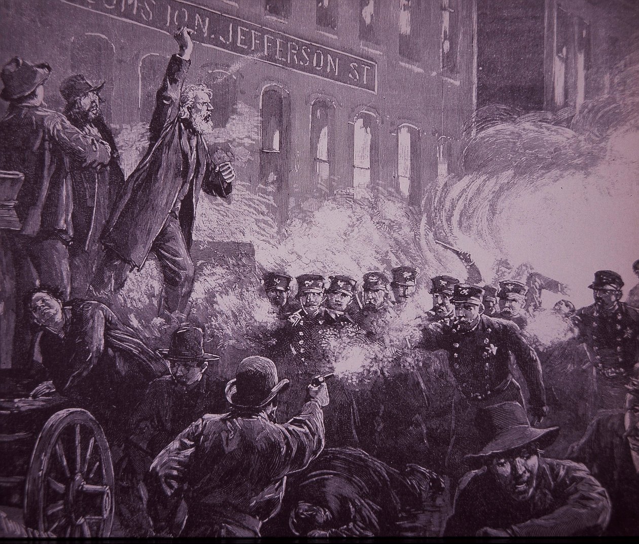 Chicago Haymarket Labor Riot från 1886, gravyr publicerad i Harper