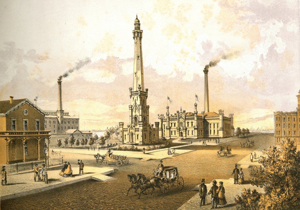 Chicago Water Works, från Chicago Illustrated, med litterära beskrivningar av James W. Sheahan, publicerad av Jevne & Almini, Chicago, 1866-67 av American School