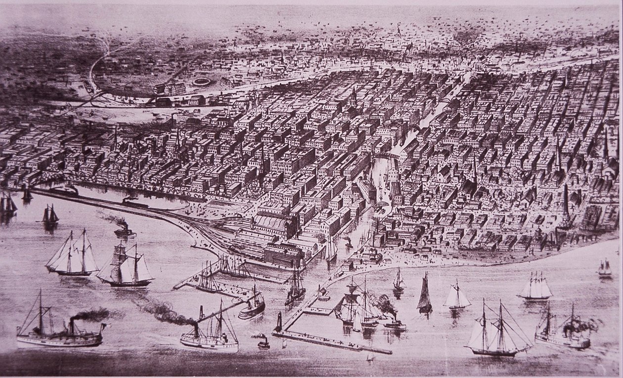 Chicago före den stora branden 1871, ca 1870 (litho) av American School