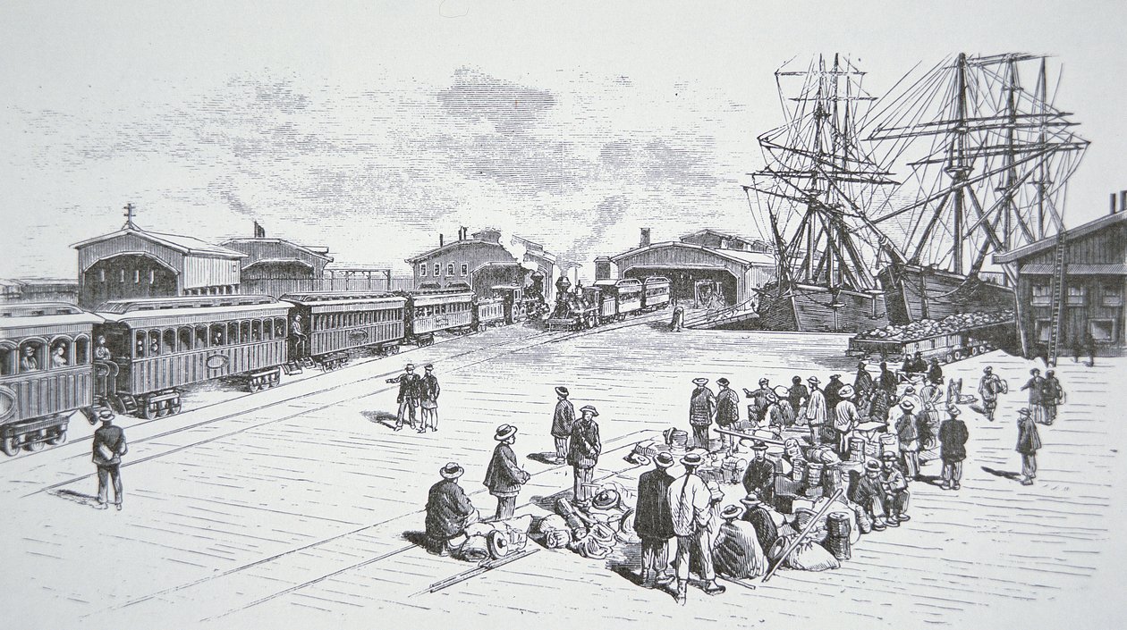 Kinesiska immigranter eller "coolies" som anlände till San Francisco för att arbeta på den transkontinentala järnvägen under 1860-talet (litho) av American School