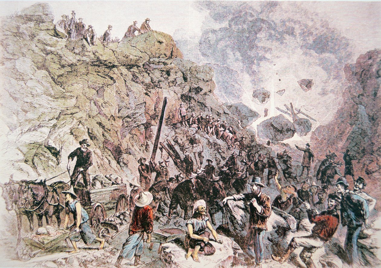 Kinesiska arbetare hjälper till att bygga Central Pacific Railroad, färdig 1869 (färg litho) av American School