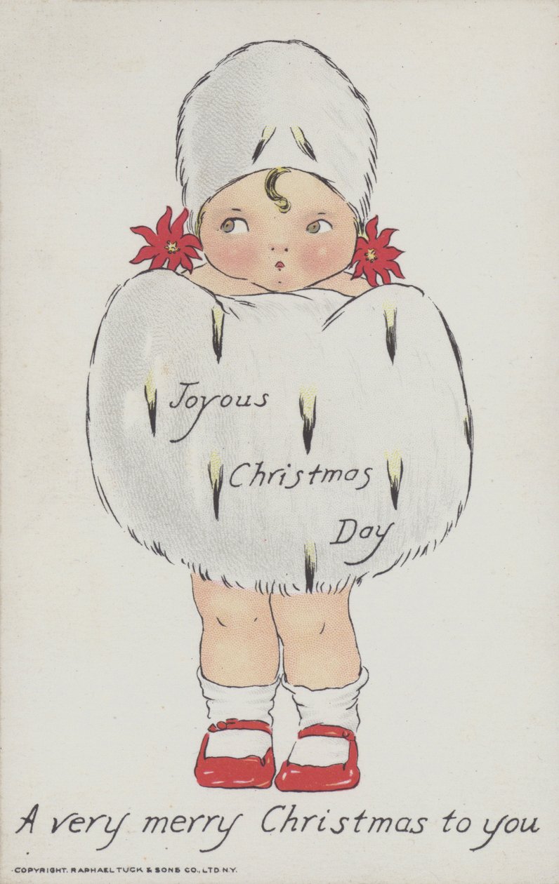 Julkort föreställande ett barn med en julig pälsmuff och mössa. (chromolitho) av American School