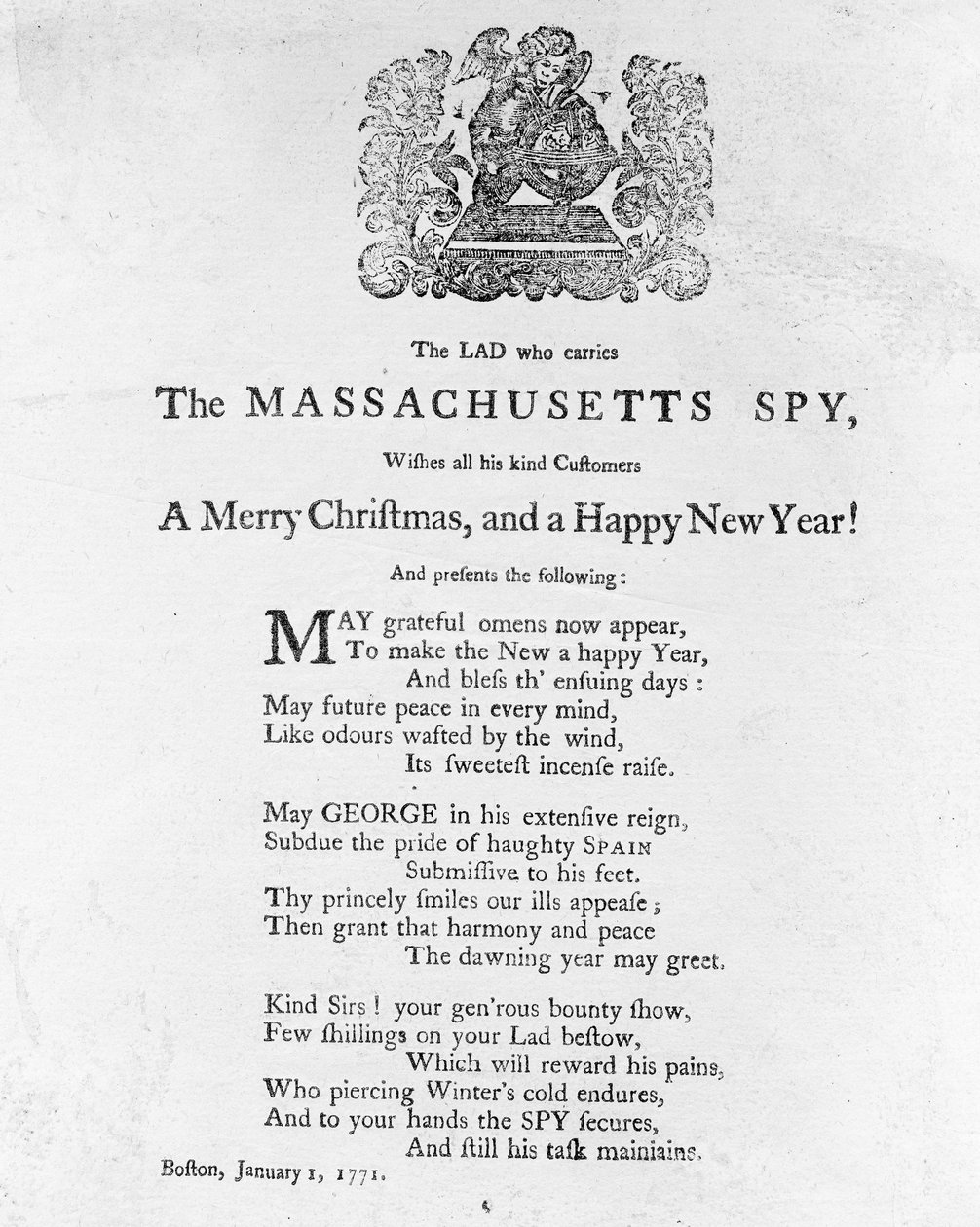Julhälsningar från pojken som bär Massachusetts Spy, tryckt i Massachusetts Spy 1 januari 1771 (tryck) av American School