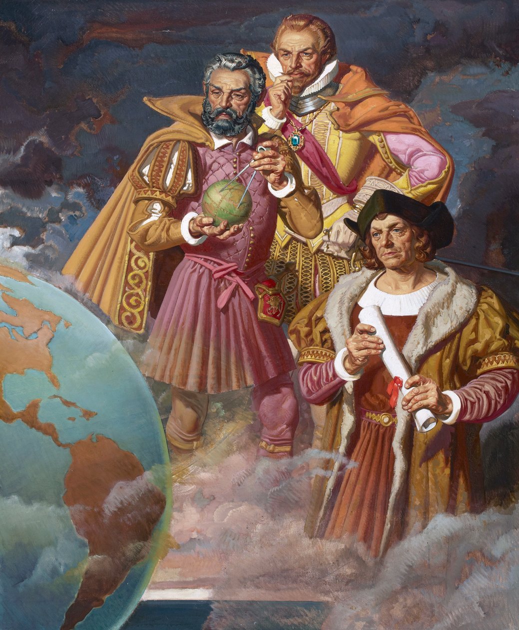 Christofer Columbus, Ferdinand Magellan och Vasco de Gama, ca 1940 (färglitografi) av American School