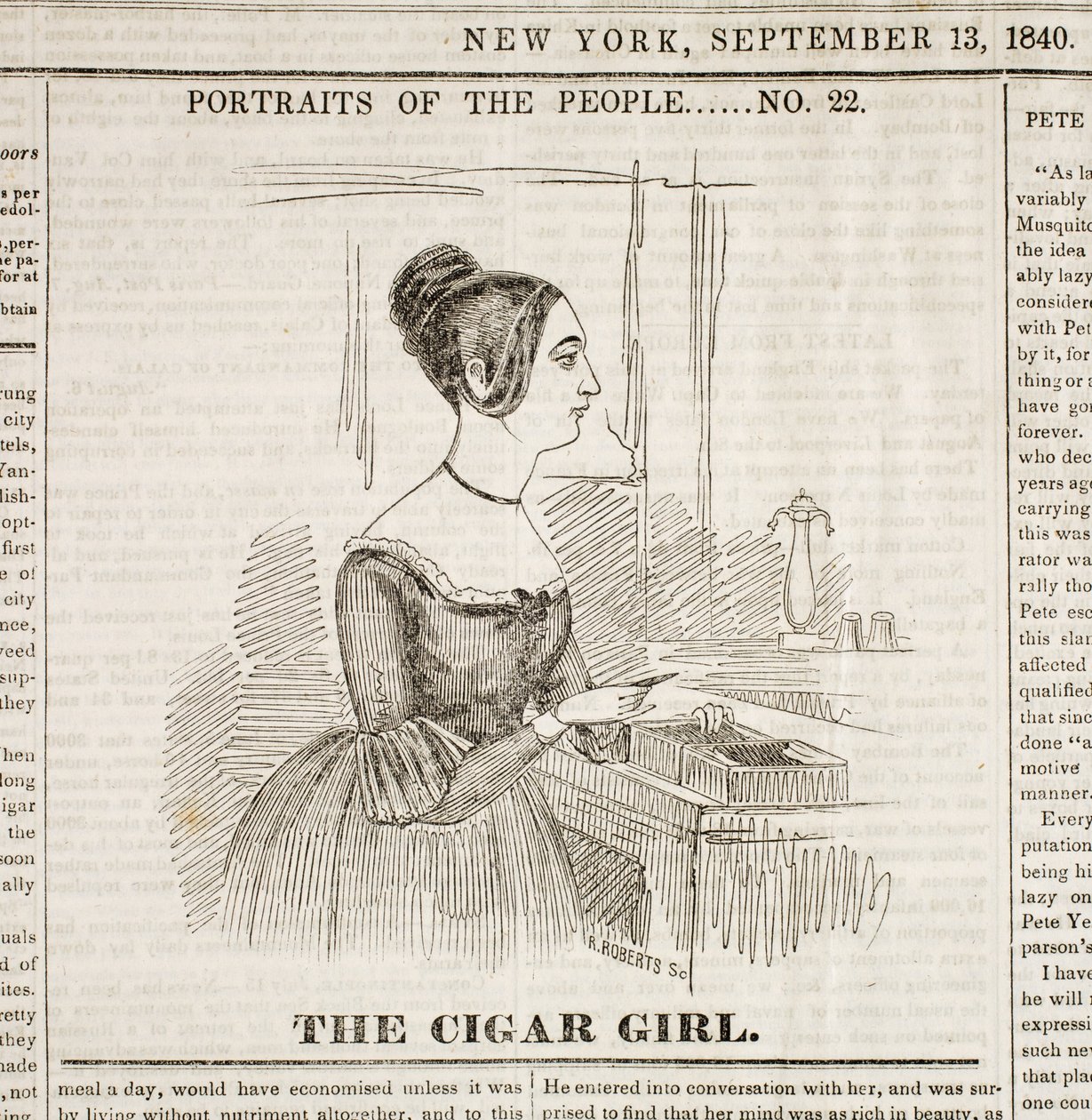 Cigar Girl, framsidan av "New York Sunday Atlas", 13 september 1840 av American School