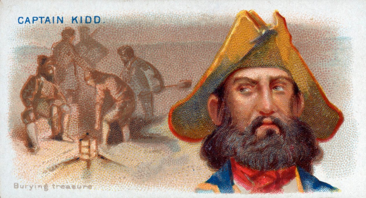 Cigarettkort Kapten Kidd, Burying Treasure, pub. 1888 färglitografi. av American School