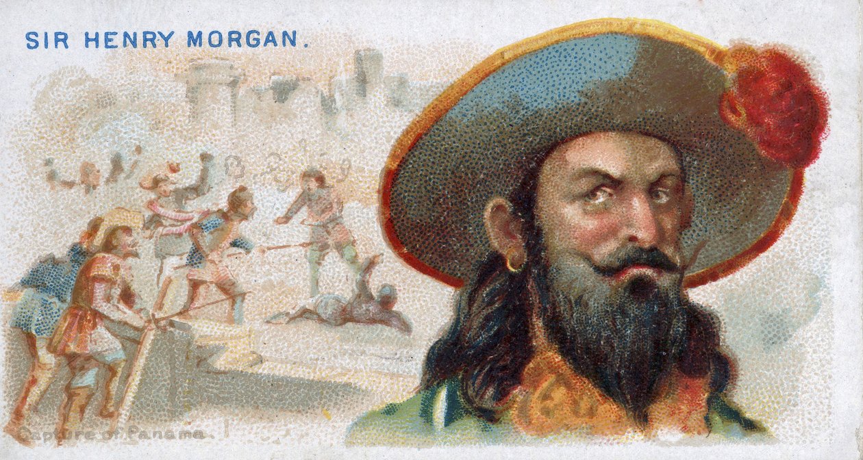 Cigarettkort Sir Henry Morgan, Capture of Panama, från Pirates of the Spanish Main-serien (N19), pub. 1888 av American School