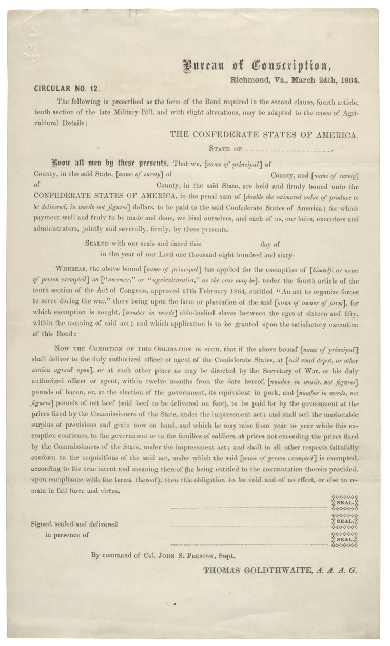 Cirkulär nr. 12, en tom ansökan om befrielse från tjänst i den konfedererade armén, 24 mars 1864 av American School